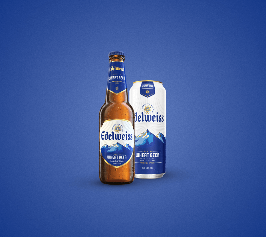 Edelweiss Wheat Beer Bottle And Can With Blue Square Background New Label 2022